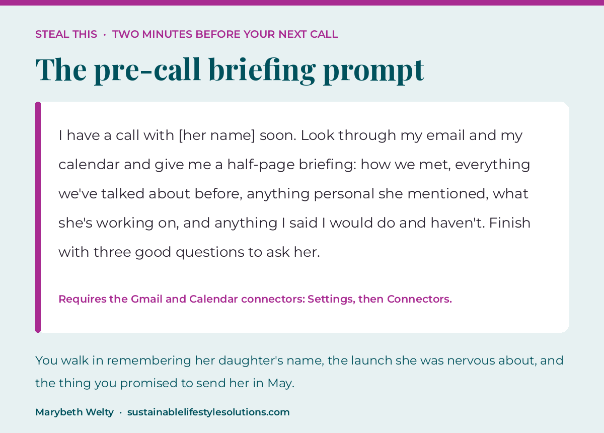 Prompt card showing a two minute pre-call briefing prompt that asks an AI to search your email and calendar and summarise a networking contact before a call.