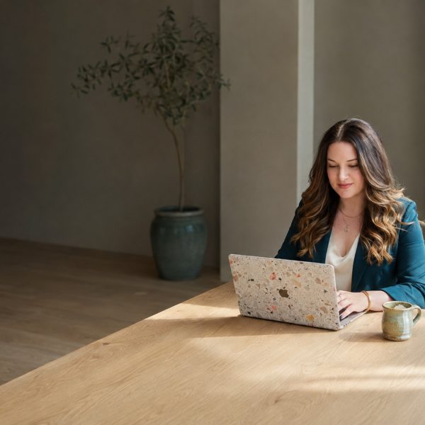 Marybeth Welty in a deep teal blazer working at a long oak table in a calm, light-filled room, seen from across the space.