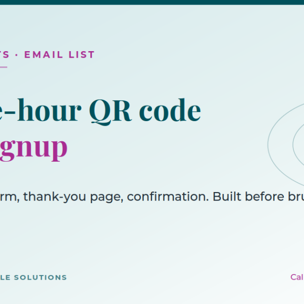 Branded title graphic reading The one-hour QR code email signup, covering how to collect emails at an in-person networking event using a QR code and landing page.