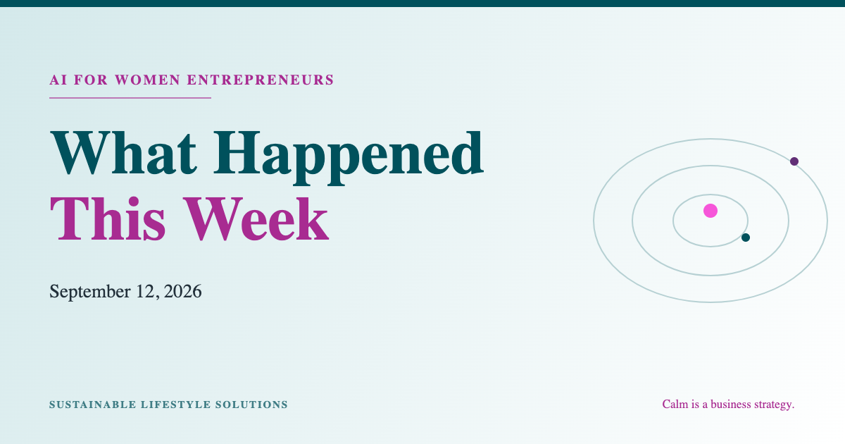 Cover graphic for the weekly AI for women entrepreneurs roundup, reading What Happened This Week in teal and magenta above the date September 12, 2026.