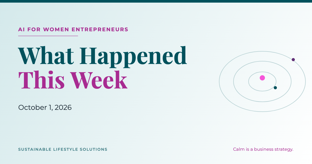 Blog graphic reading AI for Women Entrepreneurs: What Happened This Week, October 1, 2026, in teal and magenta on a soft mist background.